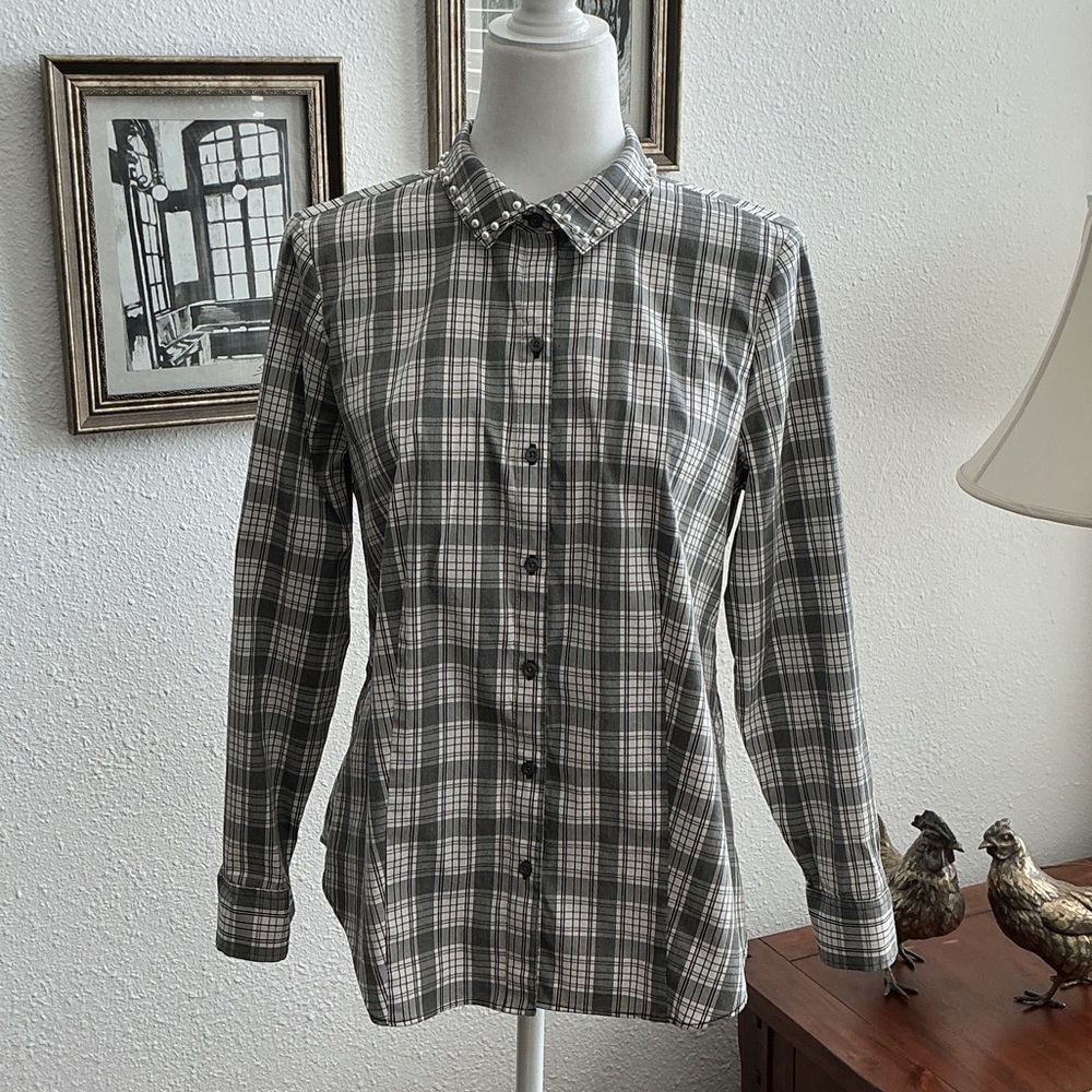Charter Club Gray Plaid Casual Button-Down Shirt